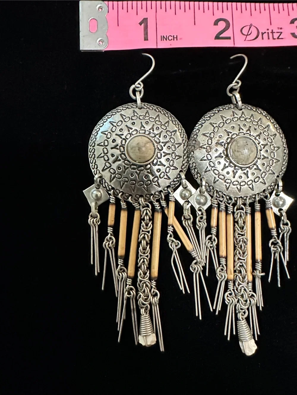 Vintage Bohemian Silver-Tone Fringe Concho Earrings with Tan Accents Tribal - Picture 4 of 5